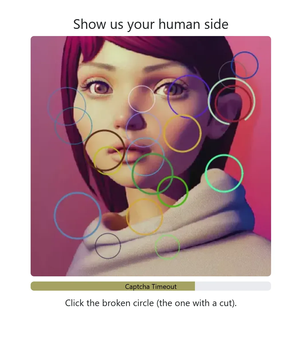 DrugHub Market captcha verification page showing circle-based CAPTCHA challenge with timeout indicator