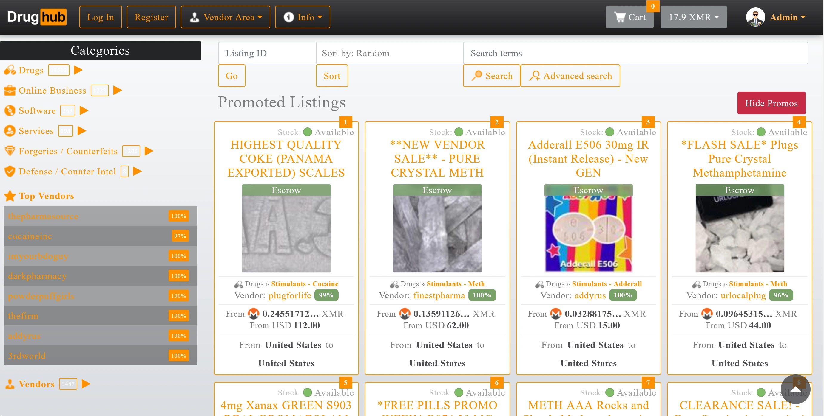 DrugHub Market homepage showing category navigation, promoted listings with Monero prices, top vendors sidebar, and search functionality