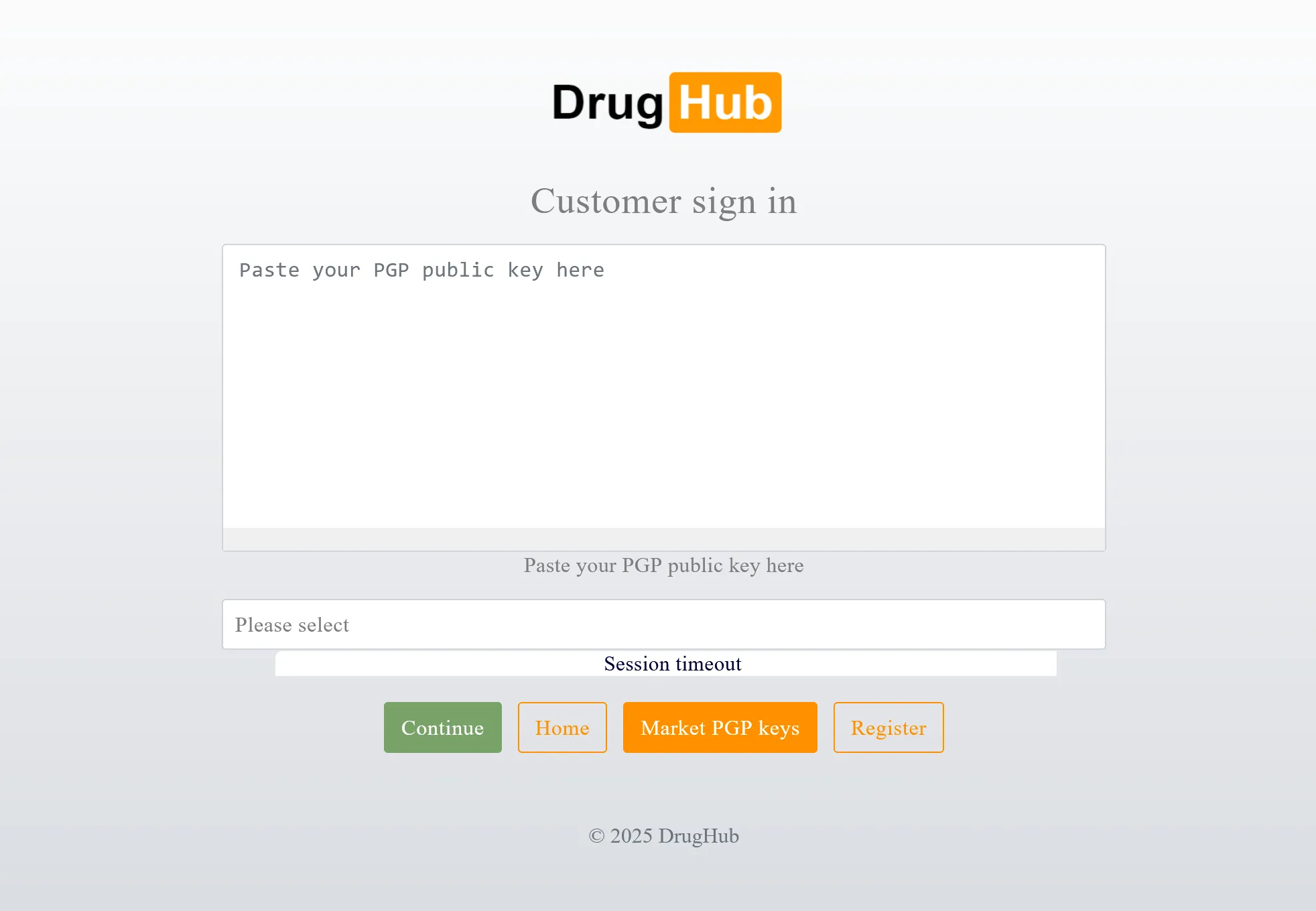 DrugHub Market customer sign-in page with PGP public key input field and session timeout indicator