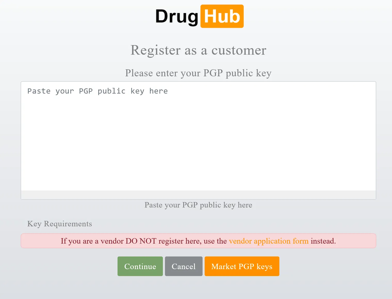 DrugHub Market customer registration page with PGP key input and vendor application notice